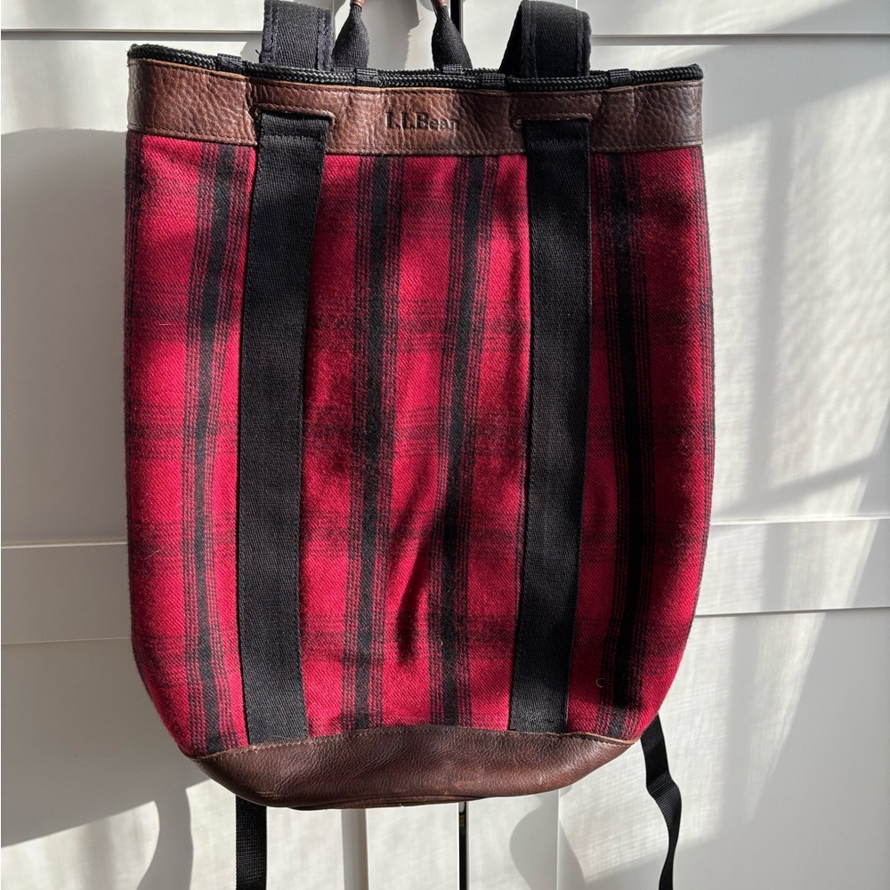 LL Bean Red and Black Plaid drawstring Backpack